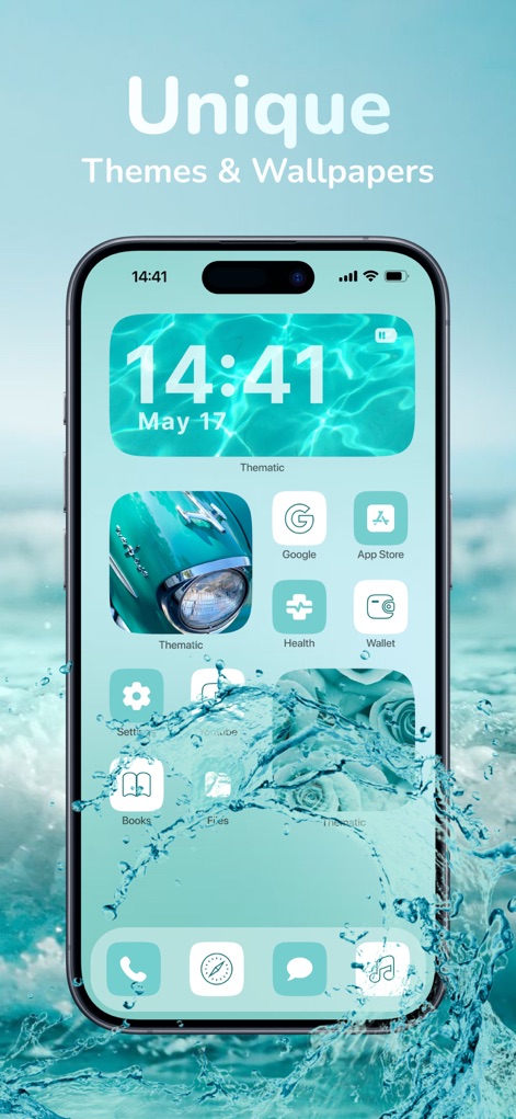 Thematic - Top Color Widgets - Discover distinctive visual themes, featuring immersive water-themed wallpapers and custom clock widgets.