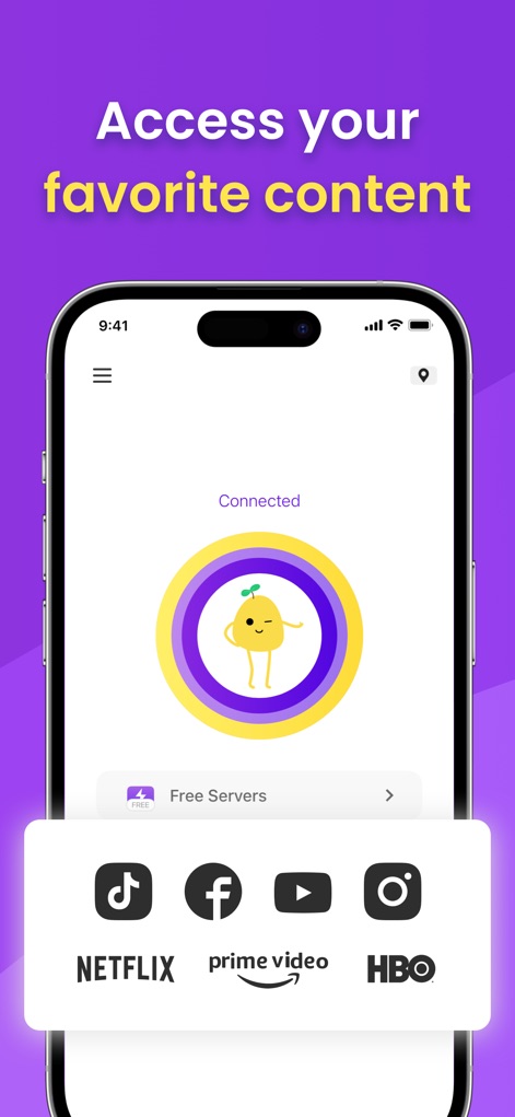 VPN - Free VPN Potato ™ - This tool connects users to a secure VPN, visually represented by the 'Connected' status and the quick access icons for popular streaming services.