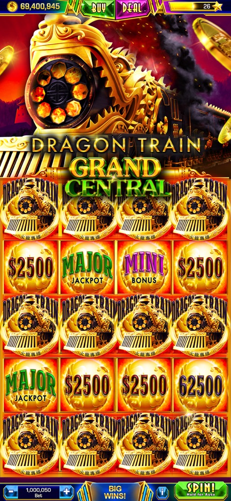 Quick Hit Casino - Vegas Slots - All aboard the "DRAGON TRAIN GRAND CENTRAL" slot, where a majestic golden dragon head presides over the reel action.