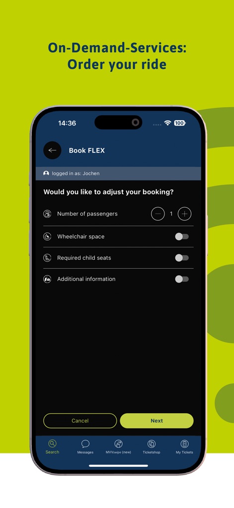 MVV-App - La interfaz de reserva para "FLEX" permite a los usuarios especificar el "Number of passengers" y solicitar "Wheelchair space", demostrando la adaptabilidad del servicio a diversas necesidades.