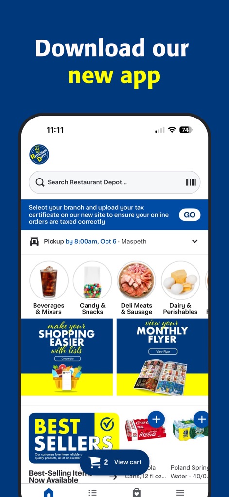Restaurant Depot Mobile - Esta captura de tela exibe a interface inicial do aplicativo, onde os usuários podem facilmente navegar por categorias como 'Bebidas e Misturas' e acessar a 'Flyer Mensal' para promoções.