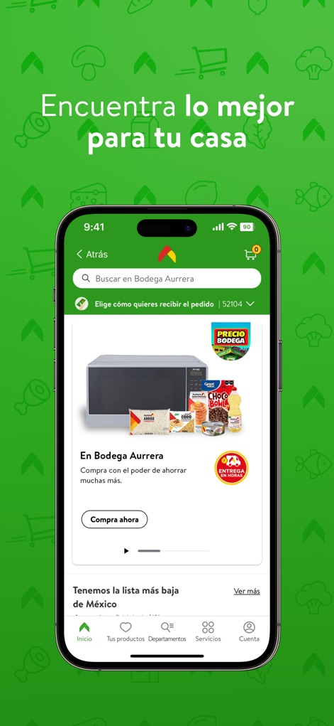 Bodega Aurrera En Línea - L'app presenta una selezione diversificata di articoli, come il forno a microonde e prodotti alimentari essenziali, accompagnati dal distintivo logo "Precio Bodega" che indica prezzi vantaggiosi.