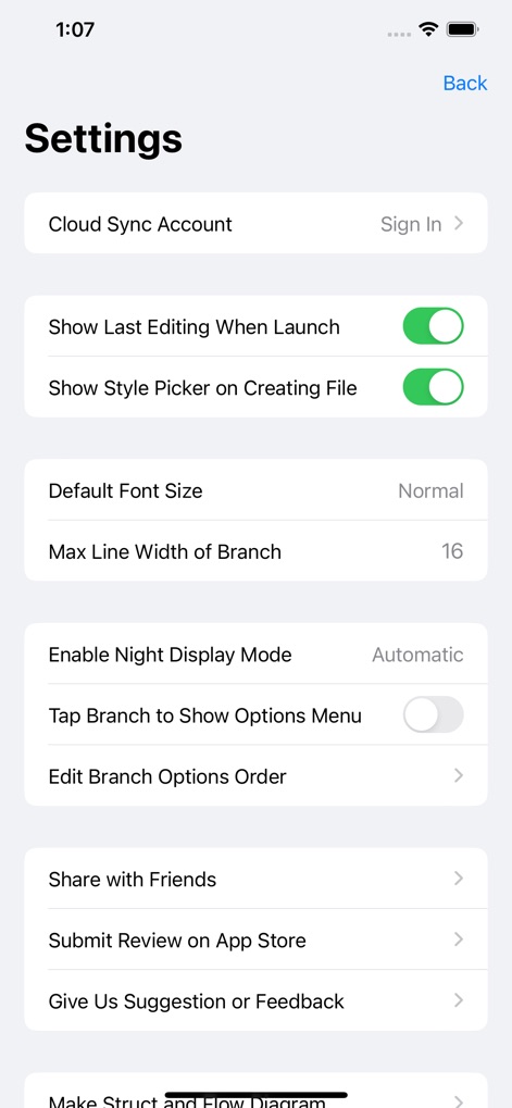 MindLine Mind Map - Users can tailor their experience through various settings, including default font size and enabling night display mode for comfort.