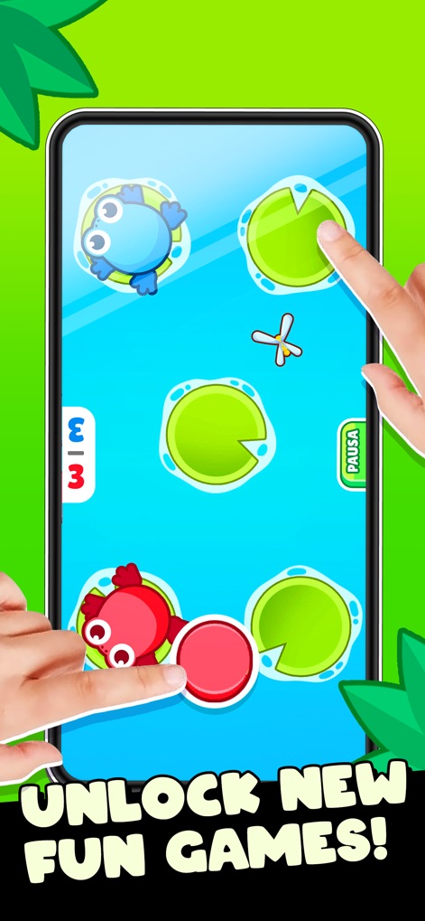 2 Player Games - Pastimes - 이 스크린샷은 사용자가 연못 위에서 물고기 캐릭터를 조작하여 연잎 사이를 이동하는 캐주얼 게임 플레이와, 좌측에 표시되는 현재 라운드 수인 '3/3'을 보여줍니다.