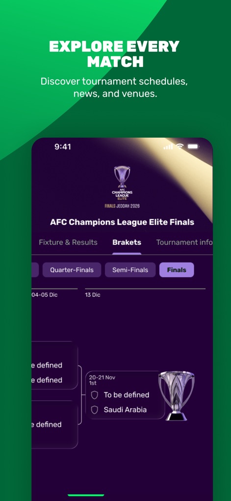 Ahlan | أهلاً - This view demonstrates the app's capability to provide detailed tournament information, showcasing the interactive brackets and comprehensive fixture lists for events like the AFC Champions League Elite Finals.