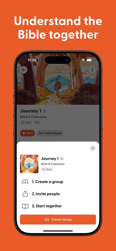 Through the Word - Users can easily foster community by initiating a new study group with the 'Create Group' button, and follow simple steps outlined in the group creation prompt to invite others.