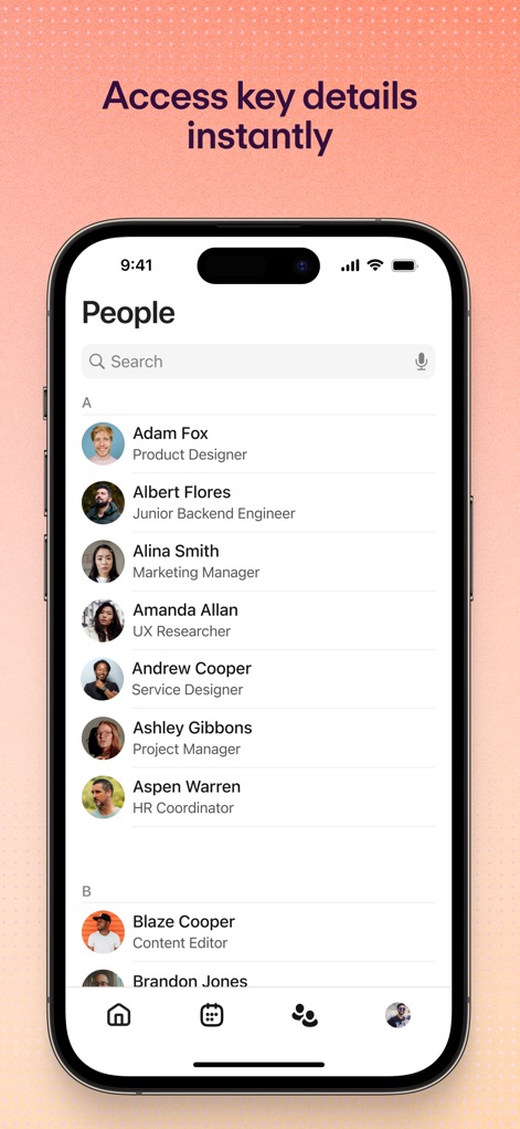 Personio - Die App ermöglicht den schnellen Zugriff auf ein umfassendes Mitarbeiterverzeichnis, wo Nutzer nach Kollegen suchen und deren Namen sowie ihre jeweiligen Jobtitel einsehen können.