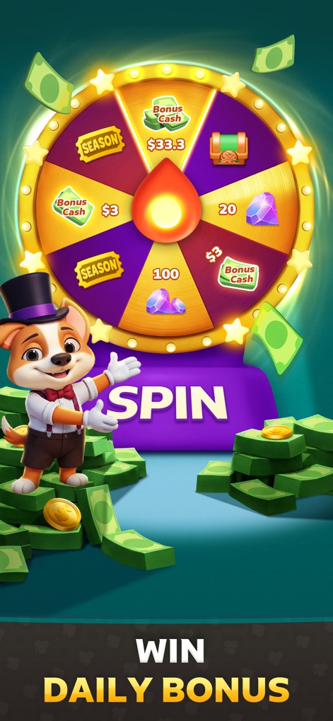 Solitaire Infinite: Win Cash - Users can engage with the daily bonus wheel for extra cash and gems, guided by an animated character.