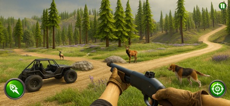 Deer Hunter 2026 Hunting Games - Los usuarios empuñan una escopeta en primera persona, inmersos en un escenario forestal detallado con rutas sinuosas y múltiples ciervos, acompañados por un perro y un buggy.
