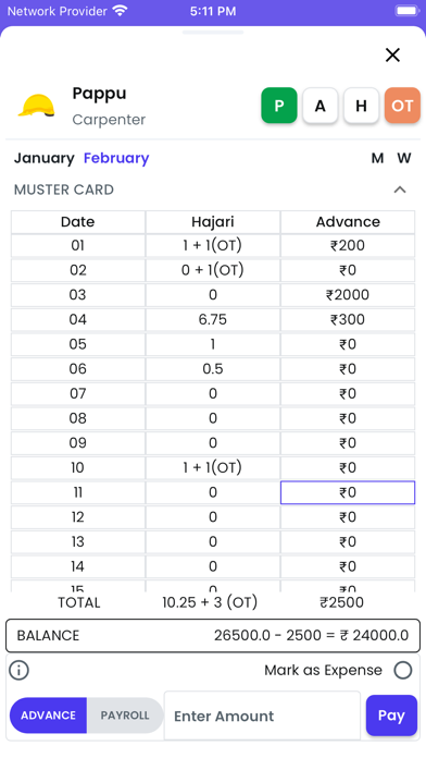 Labour Attendance Register Screenshot