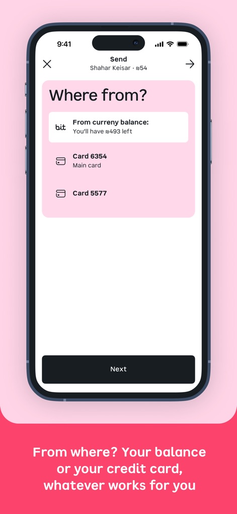 bit ביט - 이 앱은 현재 잔액(493 ₪) 또는 등록된 신용 카드(카드 6354) 중에서 결제 수단을 유연하게 선택할 수 있도록 합니다.