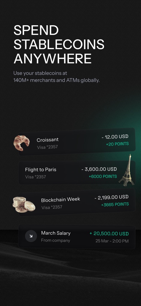 KAST Finance - Observez la liste détaillée des "transactions quotidiennes" et la manière dont chaque achat génère des "points de récompense" pour les utilisateurs.