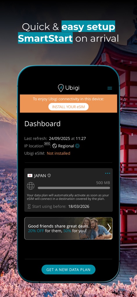 Ubigi: Travel eSIM mobile data - El panel de control (Dashboard) simplifica el proceso de inicio con un botón claro "INSTALL YOUR ESIM", y muestra información vital como la ubicación IP y el estado actual de la eSIM del usuario.