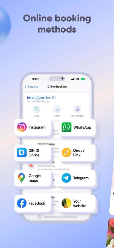 DIKIDI Appointments Scheduling - Discover the diverse online booking methods available, including direct links and integrations with popular platforms like Instagram and WhatsApp, to reach more clients.