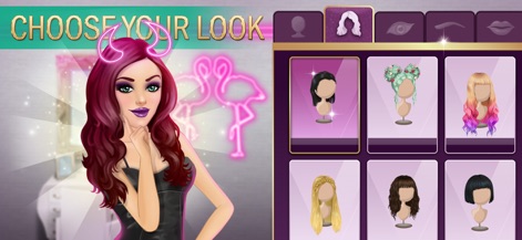 Hollywood Story®: Fashion Star - This tool allows detailed character personalization, featuring a wide selection of hairstyles shown in the dedicated menu and vibrant makeup options for unique character looks.