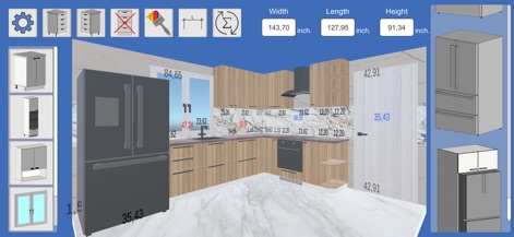 Kitchen Editor 3D: Design App - Explore various kitchen configurations, complete with integrated appliances like refrigerators and customizable material finishes for a personalized look.