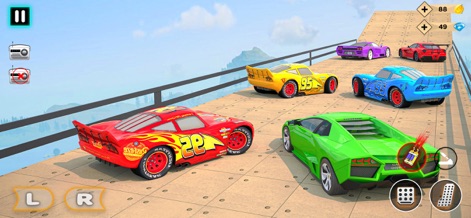 Real Stock Car Racing Stunts - Observe the thrilling multi-car action on elevated platforms and the prominent power-up icon indicating strategic gameplay elements.