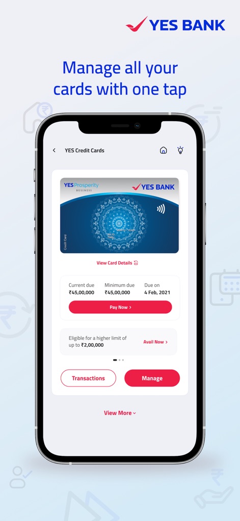 IRIS by YES BANK - Mobile App - This tool offers a detailed visual of the "YES Prosperity Business" credit card, displaying "Current due" and "Minimum due" amounts, alongside direct action buttons for "Transactions" and "Manage."