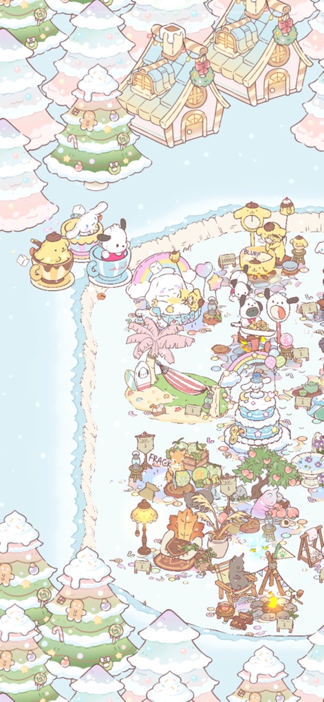 Cats&Soup: Relaxing Cozy Games - 이 이미지는 눈 덮인 크리스마스 트리와 귀여운 눈사람 형태의 시설이 어우러진 겨울 테마의 풍경을 보여주며, 캐릭터들이 한파 속에서도 활동하는 모습을 담고 있습니다.