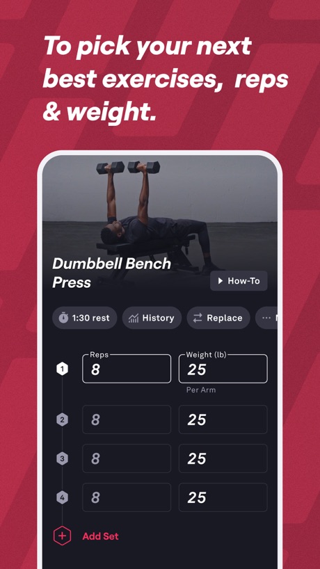 Fitbod: Gym & Fitness Planner App Store screenshot 4, headline “To pick your next best exercises, reps & weight.”. Ranking claim.