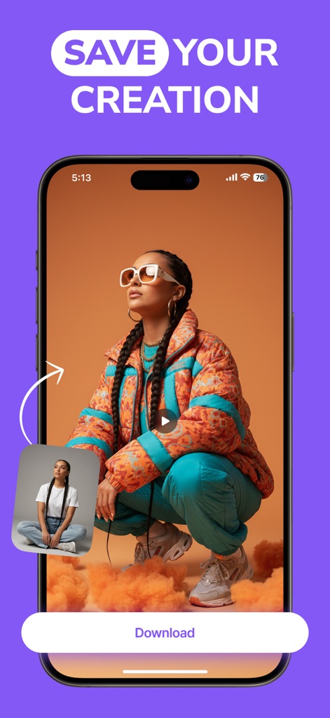 Pictory - AI Video Generator - Gli utenti possono facilmente salvare i loro capolavori, come l'immagine di una donna in abiti sportivi vibranti e colorati, e visualizzare una piccola anteprima del risultato finale prima del download.