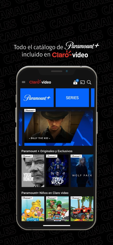 Claro video - Observe the prominent integration of Paramount+ content, showcasing exclusive series and dedicated children's programming within the app's diverse catalog.