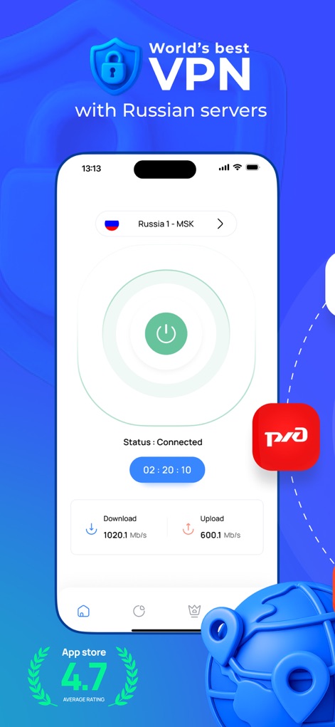 VPN Russia: Just Russian VPN - Users can effortlessly initiate their VPN connection with a central power button and monitor real-time network performance through the integrated download and upload speed indicators.