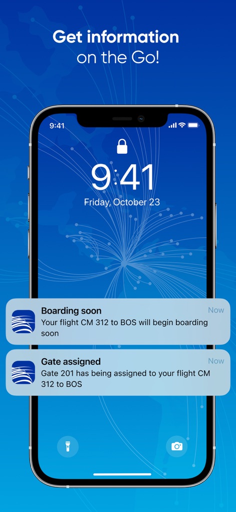 Copa Airlines - Las notificaciones en tiempo real mantienen a los usuarios informados, destacando alertas sobre el inicio de embarque y la asignación de puerta de vuelo, incluso con la pantalla bloqueada.