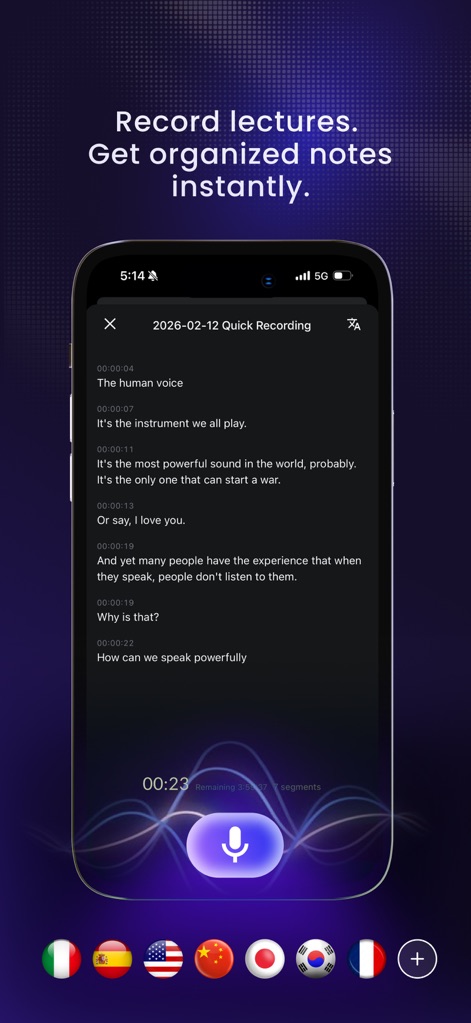 ThetaWave-AI Study Notes - The app demonstrates its ability to transcribe audio into text notes instantly and offers diverse language selection for global users.