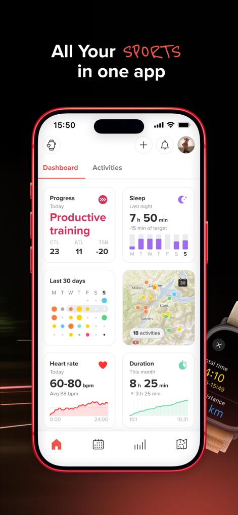 Sports Tracker: Run Bike Hike - El panel principal centraliza el progreso del entrenamiento y las estadísticas de sueño, destacando un resumen de actividades y datos de frecuencia cardíaca.