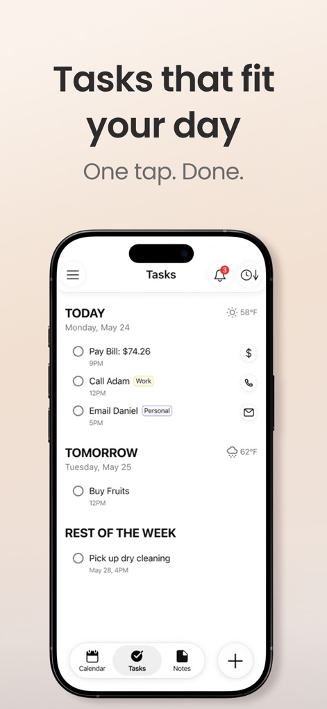 24me: Calendar・Planner & To Do - 「TODAY」や「TOMORROW」といったセクションでタスクが整理され、各タスクの横にあるチェックボックスで完了状況を簡単に管理できます。