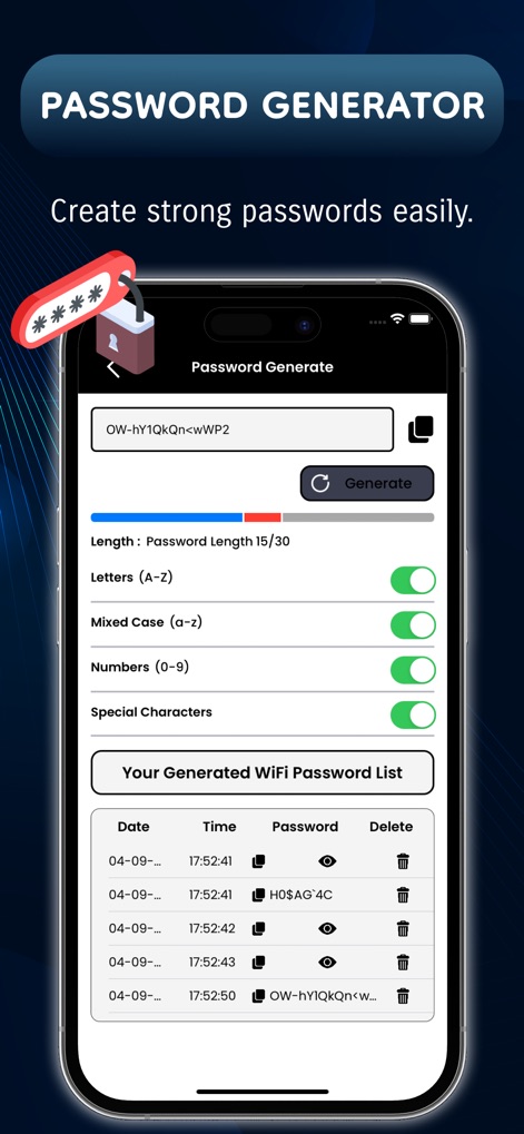 Router Password : WIFI Connect - Créez des mots de passe robustes en personnalisant la longueur et les types de caractères, puis consultez la liste des mots de passe générés.