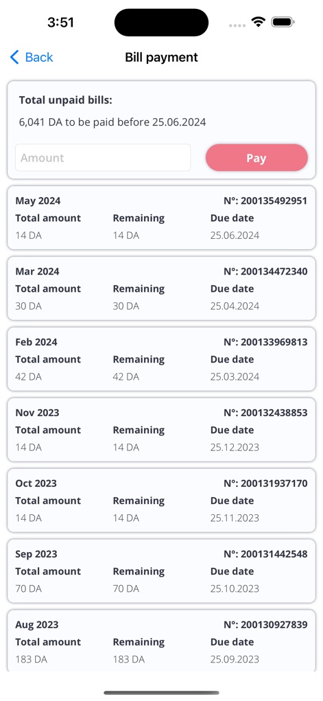 Djezzy - Efficiently manage bills through a clear display of total unpaid amounts and detailed historical payment records, empowering users with financial control.