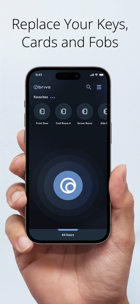 Brivo Mobile Pass - See how Brivo Mobile Pass organizes frequently accessed locations in the "Favorites" section and provides a prominent central unlock button for quick entry.