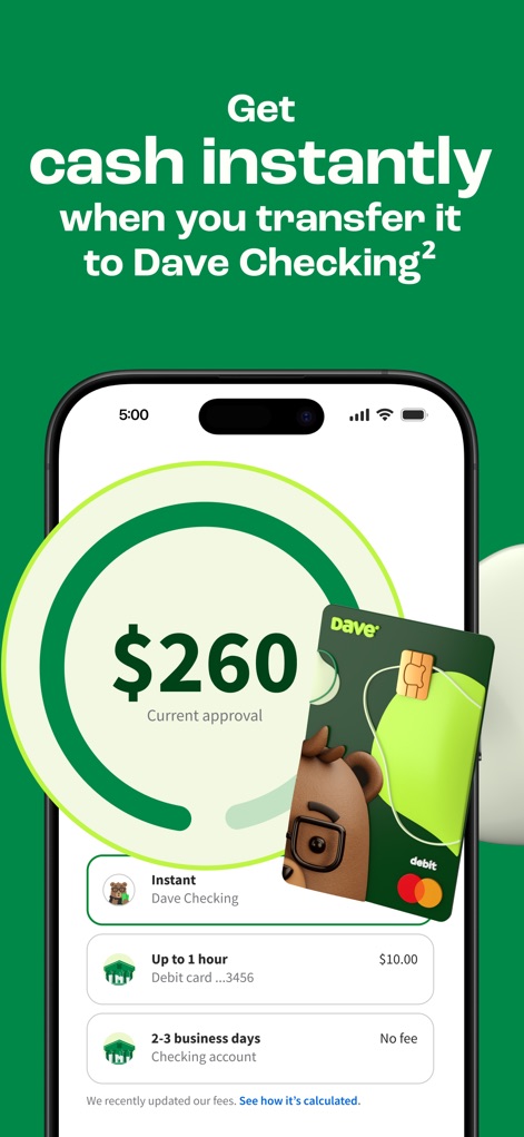 Dave: Credit, Cash & Money App - Examine the streamlined process for instant cash transfers to Dave Checking, highlighting the immediate availability of funds and the accompanying Dave Debit Mastercard.