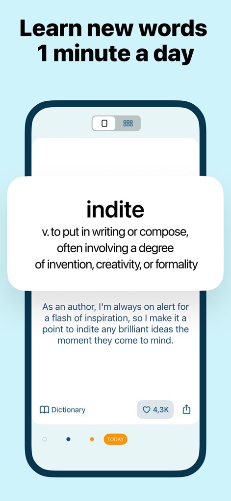 Word of the Day・Vocabulary - Users can explore comprehensive word definitions, including the precise meaning of "indite," and see practical example sentences demonstrating usage.