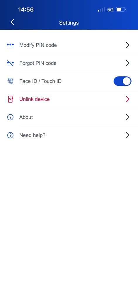 EU Login - Essential security settings are visible, including options to 'Modify PIN code' and toggle 'Face ID / Touch ID' for personalized authentication preferences.