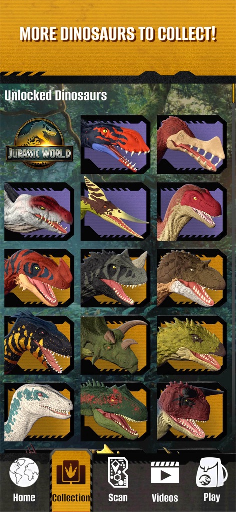 Jurassic World Play - Users can browse an extensive collection of dinosaurs presented in a visually engaging grid and track their progress with the 'Unlocked Dinosaurs' counter.