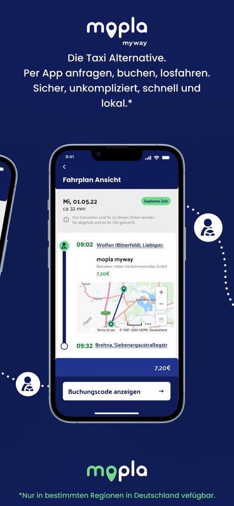 mopla - Dieses Display zeigt eine detaillierte „mopla myway“ Fahrplanansicht mit einer übersichtlichen Routenkarte und der Möglichkeit, den Buchungscode einzusehen.