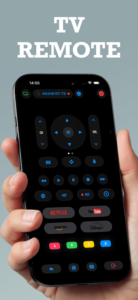Remote Plus - Smart TV Remote - Esta captura de pantalla exhibe la interfaz principal de control remoto, con botones direccionales y acceso directo a aplicaciones populares como Netflix y YouTube.