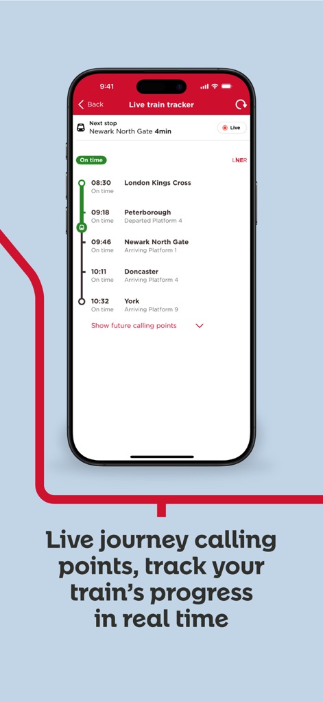 LNER | Train Times & Tickets - Os usuários podem acompanhar o progresso da sua viagem em tempo real, vendo os pontos de chamada futuros e o tempo estimado para a 'Next stop'.