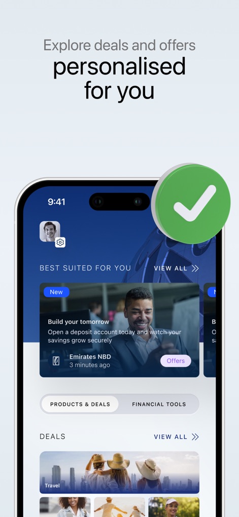 ENBD X - This tool highlights tailored opportunities in the "BEST SUITED FOR YOU" section and displays a variety of deals, including travel-related offers.