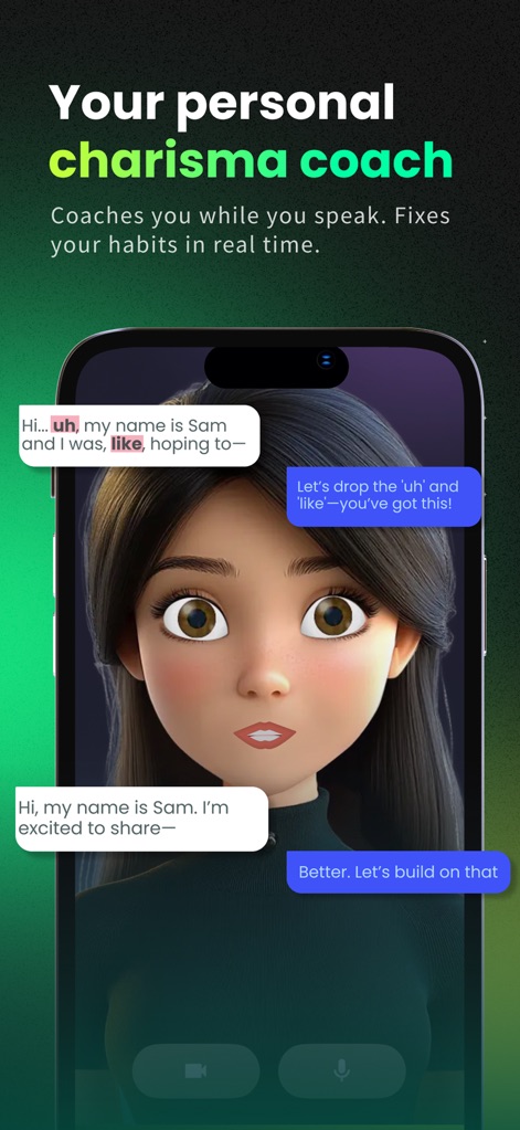 CharmXP: AI Charisma Coach - 本スクリーンショットは、ユーザーの発言に対してリアルタイムフィードバック（X）を提供する会話型AIアバター（Y）を特徴とし、ユーザーの話し方や癖を即座に修正するパーソナルコーチングの様子を示しています。