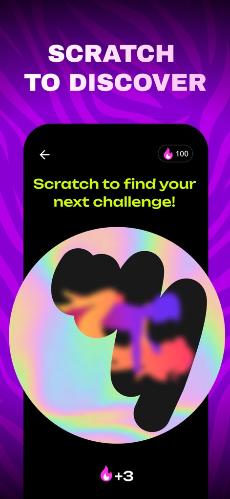 Couples Games: Spicy Challenge - Nutzer können ihre nächste Aufgabe durch das freudige "Scratch to discover"-Feature enthüllen, wobei die bunten Kreise Spannung und Überraschung bieten.