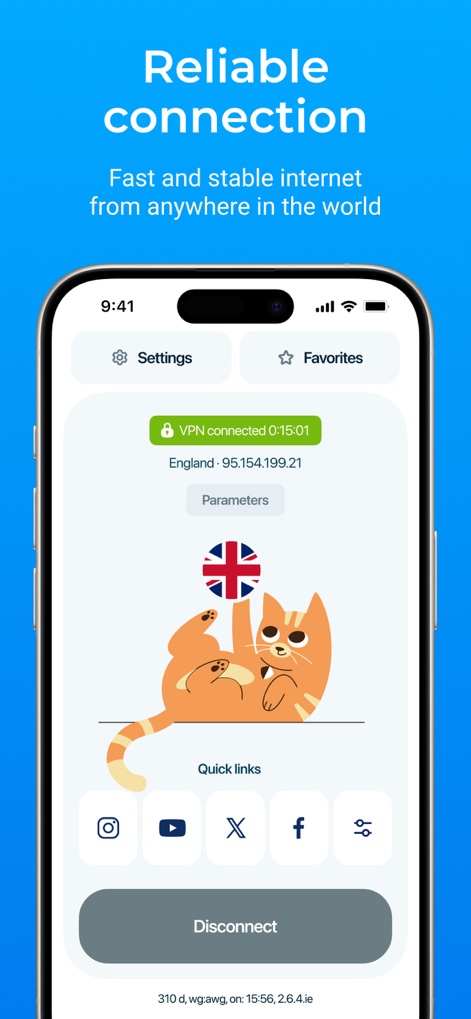 hidemy.name VPN - The app provides clear 'VPN connected' status, displaying the current location and offering 'Quick links' for convenient access to popular social platforms.