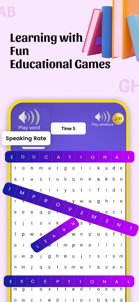 Spelling Bee & Homework Tests - Il divertimento è garantito con giochi educativi come il Word Search (X), che migliora la conoscenza delle parole, consentendo anche la riproduzione del suono della parola e della frase (Y).