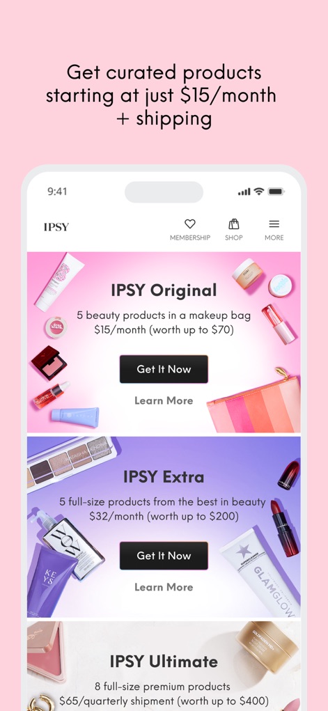 IPSY: Personalized Beauty - This tool details various membership plans, allowing users to select from different tiers like IPSY Original and IPSY Extra, each with distinct product quantities and pricing.