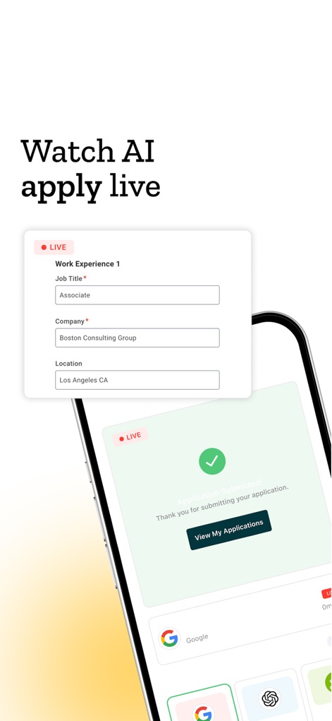 Sorce - AI Job Search - The app offers real-time transparency, displaying "LIVE" updates as the AI completes application fields and confirms the "Application Submitted!" status.