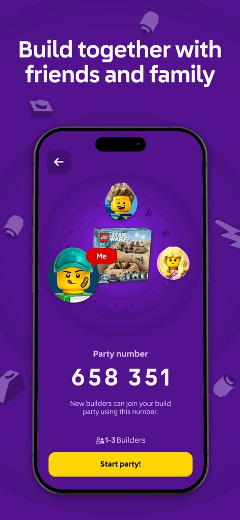LEGO® Builder: 3D Instructions - Facilitate collaborative building sessions with friends and family, utilizing a unique 'Party number' for joining and displaying multiple builder avatars to represent the team.