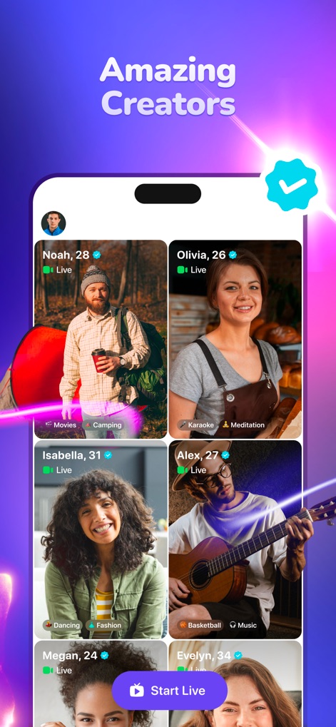 TopLive: Watch Live Streams - La plataforma facilita el descubrimiento de talentos, mostrando una cuadrícula de "Amazing Creators" con insignias de verificación, lo que asegura autenticidad, y etiquetas de intereses como "Movies" o "Karaoke" que personalizan la búsqueda para el usuario.